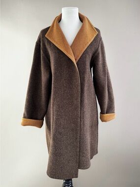 Reversible Brown/Camel Alpaca Wool Blend Coat Size Women's Large Soft Oversized